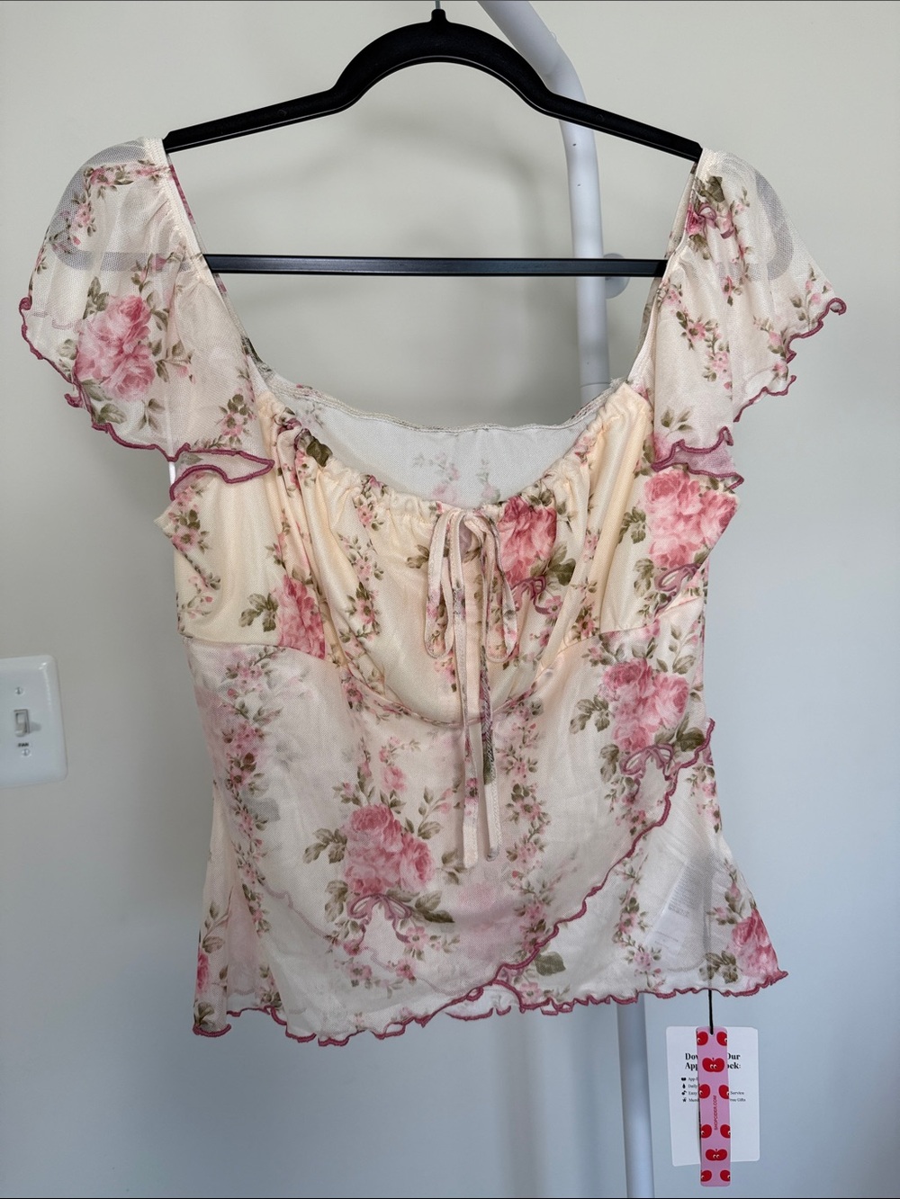 CIDER Floral Mesh Ruffle Sleeve Women's Top in Cream and Pink